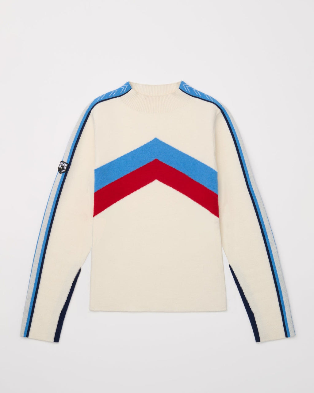 Mock-neck sweater with a chevron design and stripes on sleeves