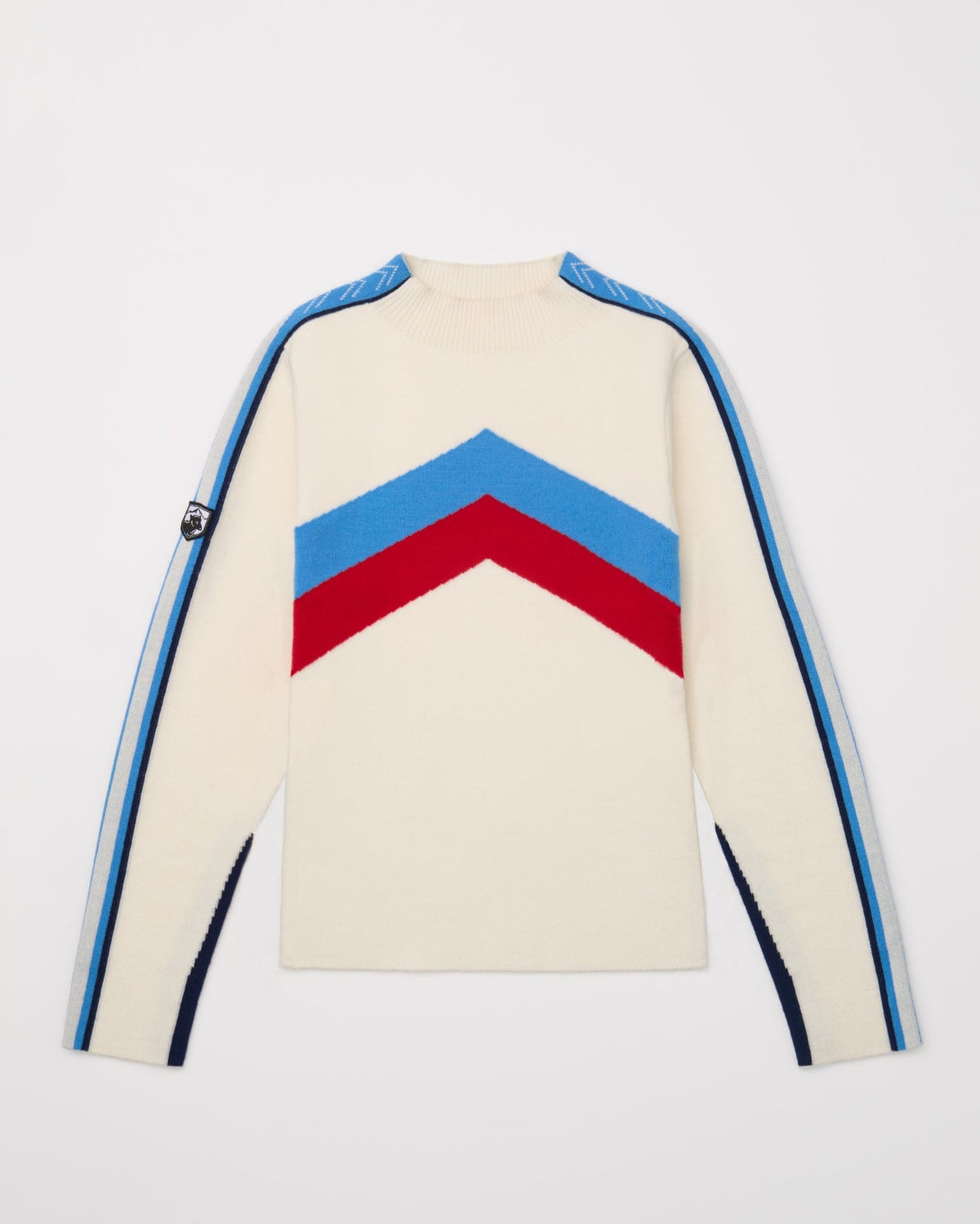 Mock-neck sweater with a chevron design and stripes on sleeves